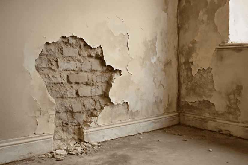 Damaged or crumbling plaster and internal walls
